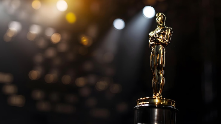 hollywood golden oscar academy award statue light rays black background with c generative ai 874904 50466